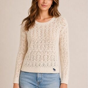 Abercrombie & Fitch Cream Pointelle Lace Knit Crewneck Sweater Small Cottagecore